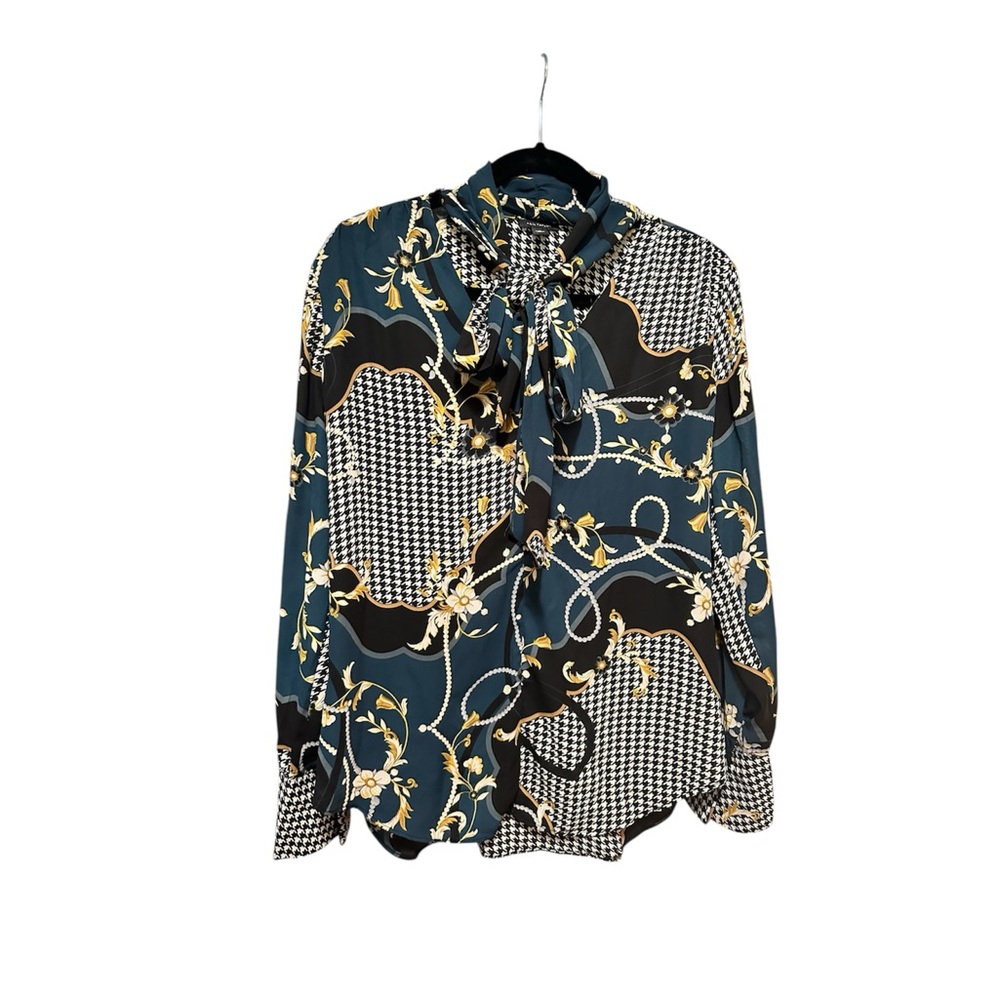 Ann Taylor Blue and Black Blouse with Ornate Pattern M
